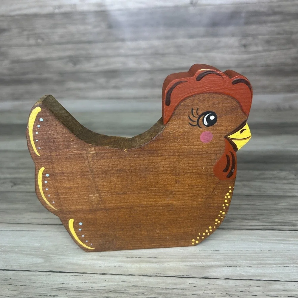 Folk Art Wooden Chicken Hen Hand painted Shelf Sitter Rustic Country Cottage